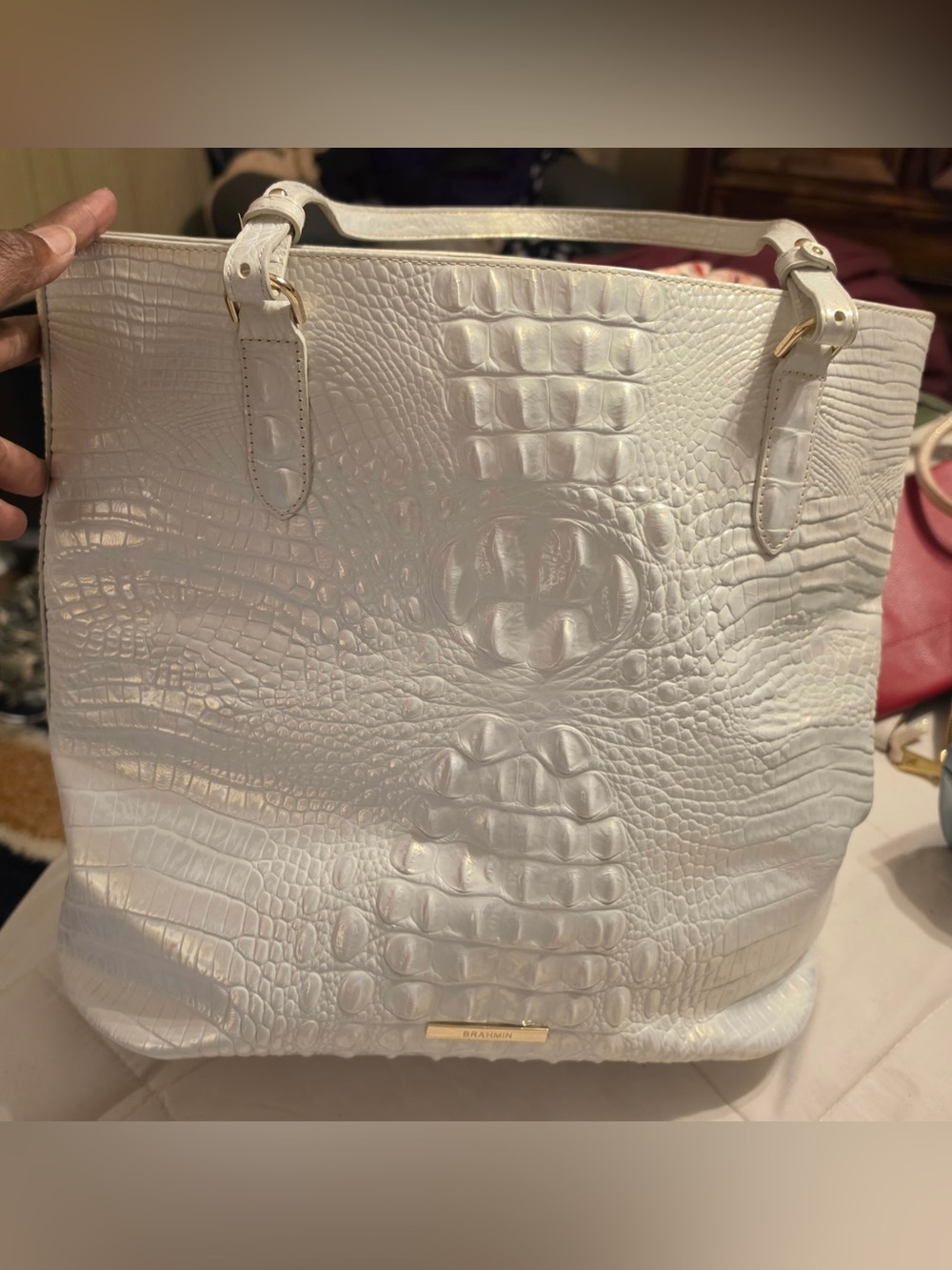 Brahmin Pearl White Croc-Embossed Leather Tote
